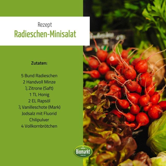 Wie wäre es mit etwas würziger Frische gepaart mit leckerer Süße und besonders vielen Mikronährstoffen? Wir hätten da eine Idee: Radieschensalat! 😋

Zutaten für vier Personen:

5 Bund Radieschen
2 Handvoll Minze
½ Zitrone (Saft)
1 TL Honig
2 EL Rapsöl
½ Vanilleschote (Mark)
Jodsalz mit Fluorid
Chilipulver
4 Vollkornbrötchen

Zubereitung: 

1. Die Radieschen waschen, putzen und in Scheiben schneiden. Die Minze abbrausen, trocken schütteln, die Blätter abzupfen und in Streifen schneiden.

2. In einer Schüssel den Zitronensaft mit dem Honig verrühren. Dann das Öl mit dem Vanillemark zugeben und die Radieschen mit der Minze untermengen.

3. Salz und Chilipulver mixen und nach Belieben über den Salat geben. Dazu 4 Vollkornbrötchen servieren.

Schon fertig - lasst es Euch schmecker! 😊
.
.
.
#radieschen #kalorienarm #rezepte #bioladen #lennestadt #sauerland #siegerland #salat #radieschensalat